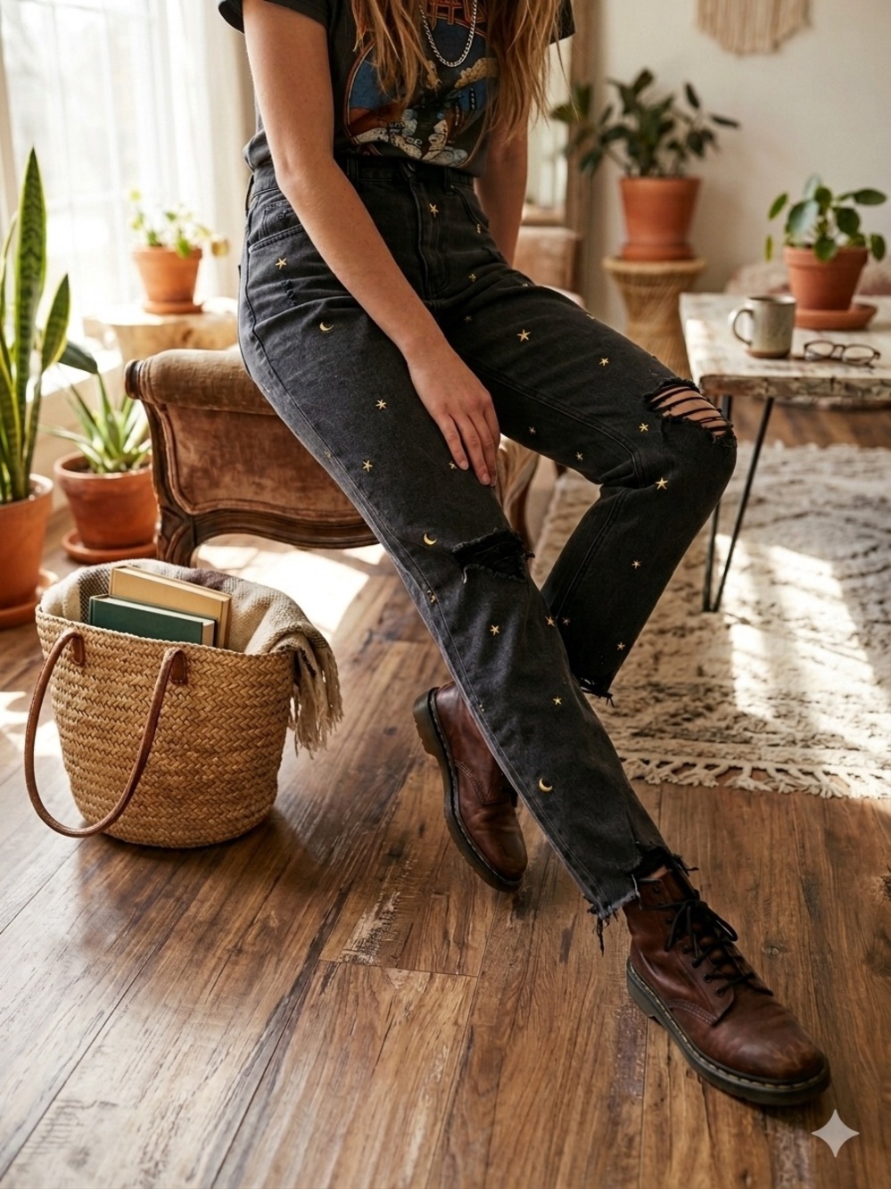 Tinseltown Celestial Moon & Star Embroidered Distressed Mom Jeans Black
